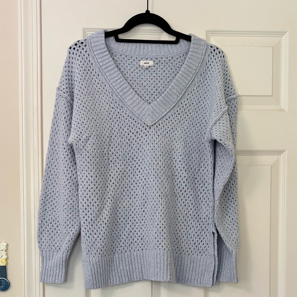 aerie Light Blue V-Neck Open Knit Sweater